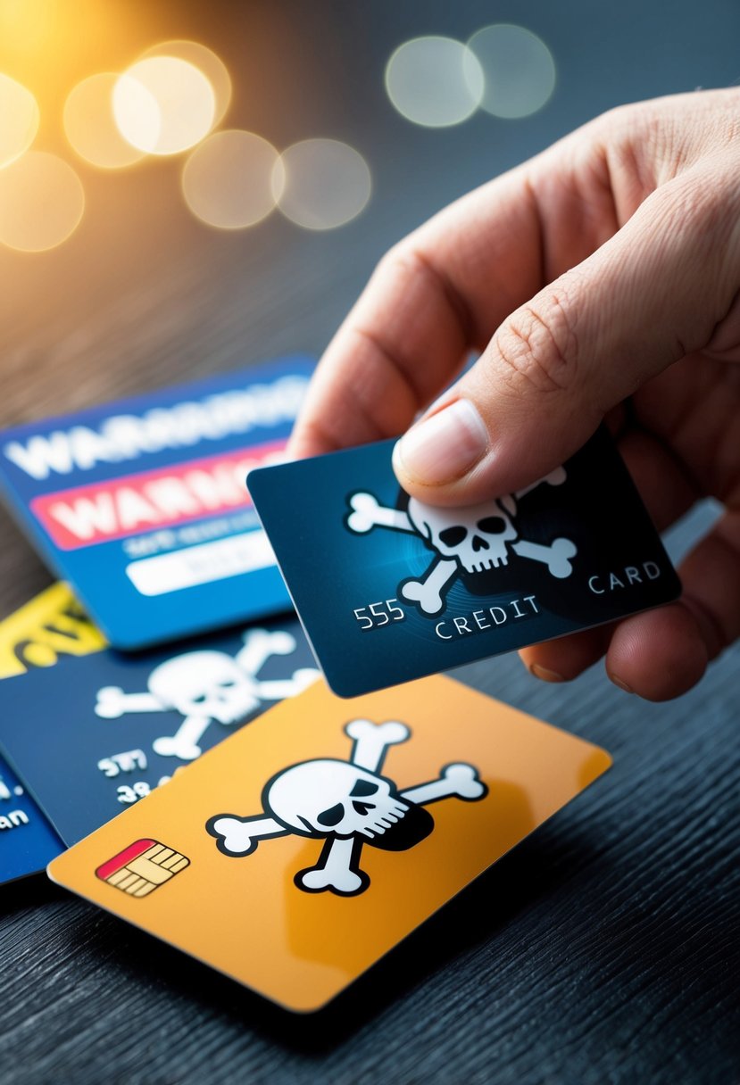A hand reaching for a credit card with a skull and crossbones symbol on it. Other cards in the background with warning signs