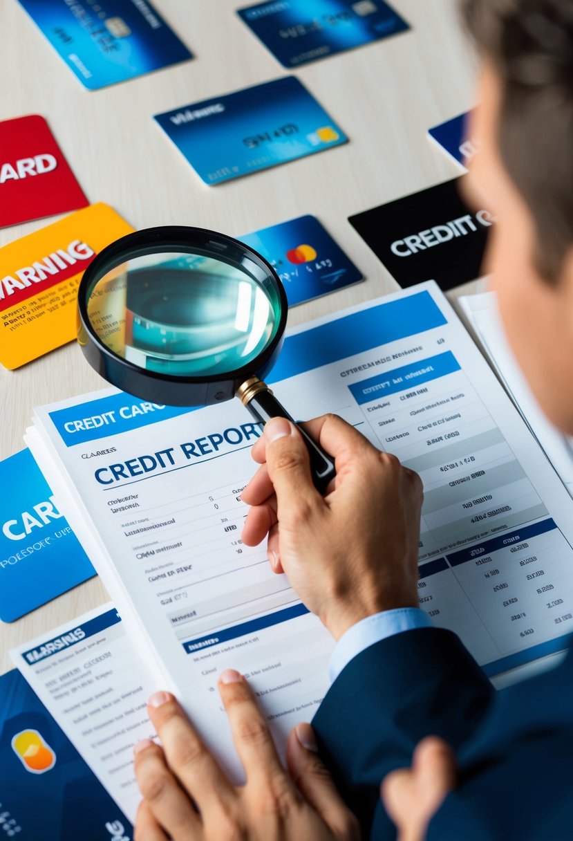 A person reviewing a credit report with a magnifying glass, surrounded by various credit card options with warning signs
