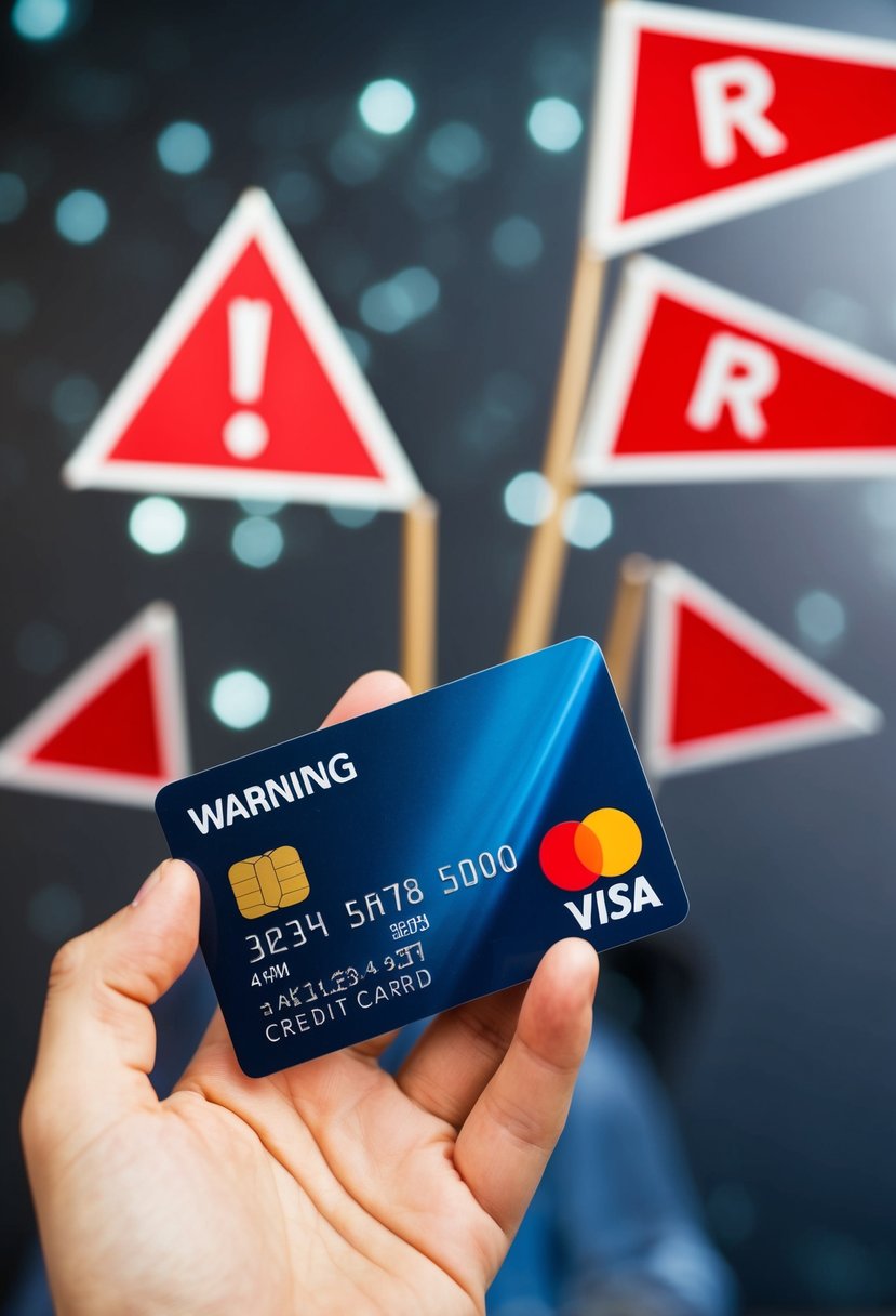 A hand holding a credit card with warning signs and red flags surrounding it