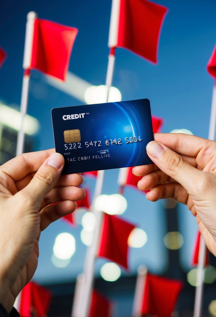 A credit card being held up with red flags surrounding it
