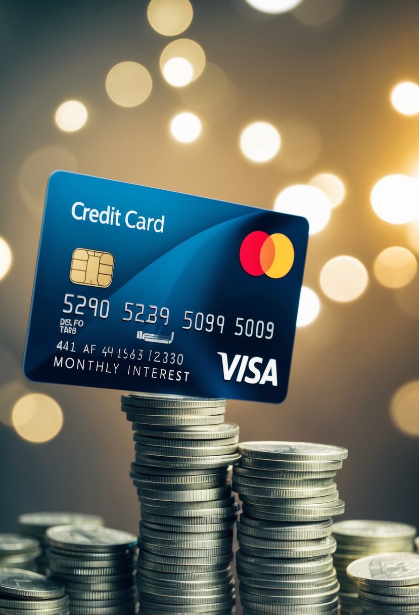 A credit card with a large balance surrounded by towering stacks of money representing $200 in monthly interest