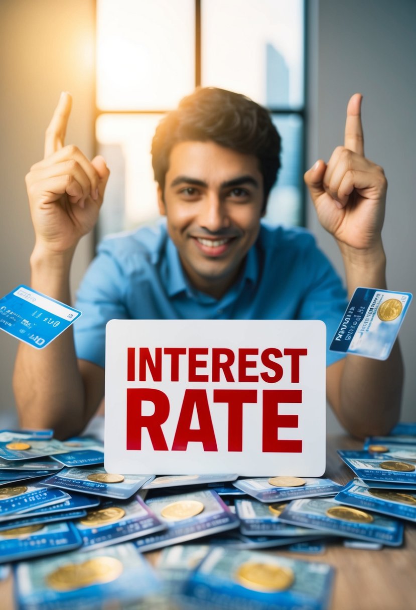 A person surrounded by credit card bills, a large interest rate sign, and a wishful expression