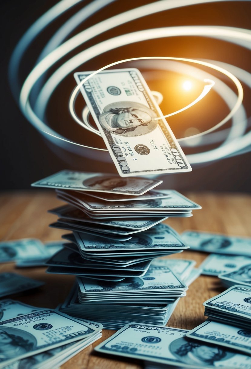 A stack of credit cards being paid off strategically, with $200 bills representing monthly payments, surrounded by swirling interest rates