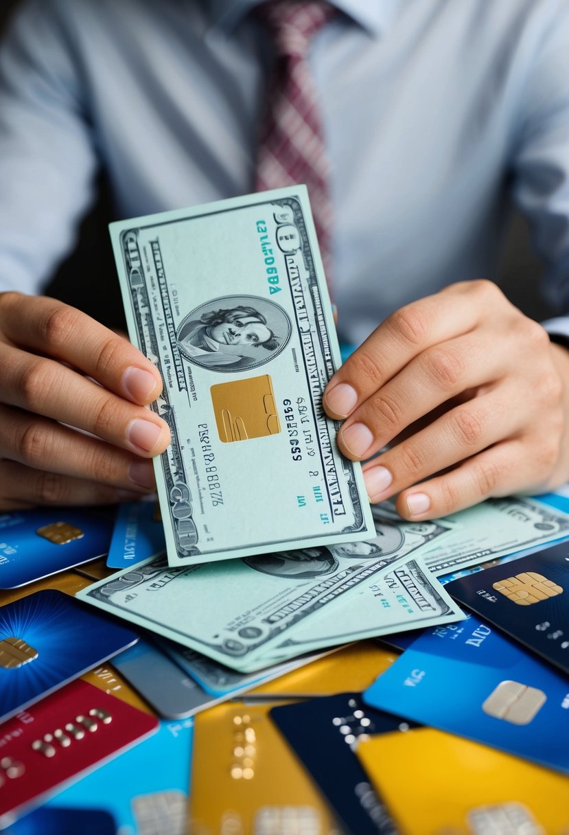 A person surrounded by credit card bills, with a large interest rate looming over them, while they wish they had known better financial planning