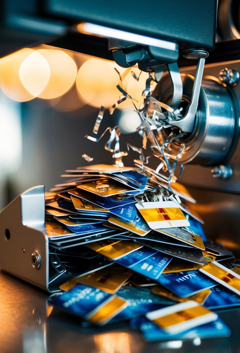 A pile of credit cards being shredded by a powerful machine