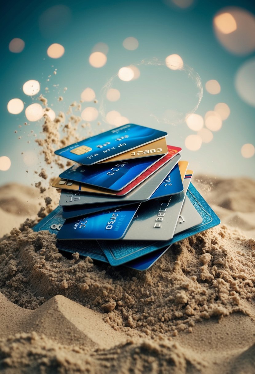 A pile of credit cards sinking into quicksand, surrounded by swirling myths