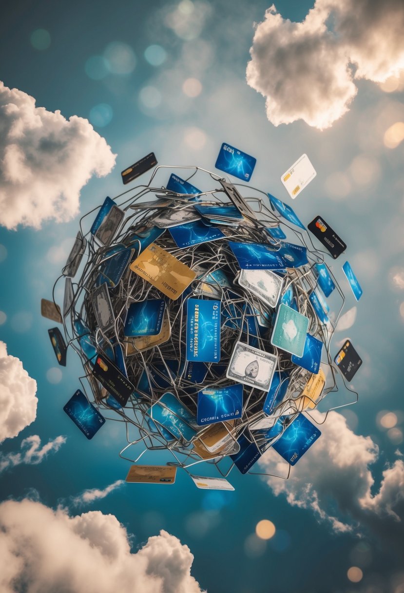 A tangled web of credit cards, each bearing a different myth, floats in the air, surrounded by swirling clouds of confusion and disbelief