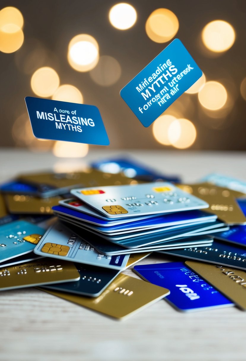 A pile of credit cards with increasing balances and interest rates, surrounded by misleading myths floating in the air