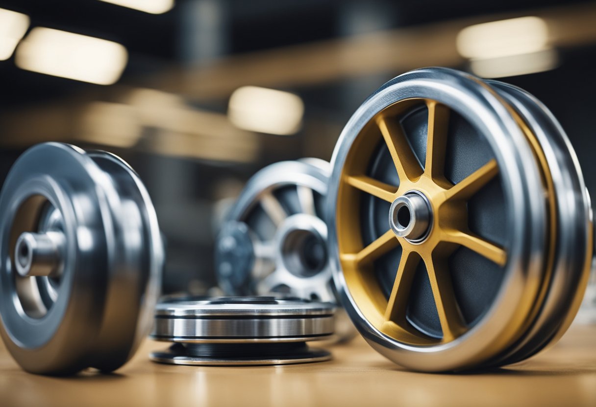 A variety of caster wheels made from different materials, such as rubber, plastic, and metal, are shown in use on various types of furniture and equipment