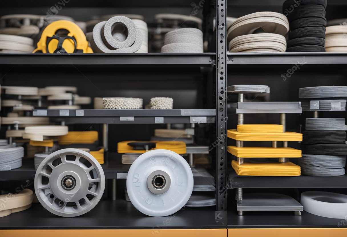 A workshop with various caster wheel materials (rubber, plastic, metal) displayed, each with labeled properties and their specific applications