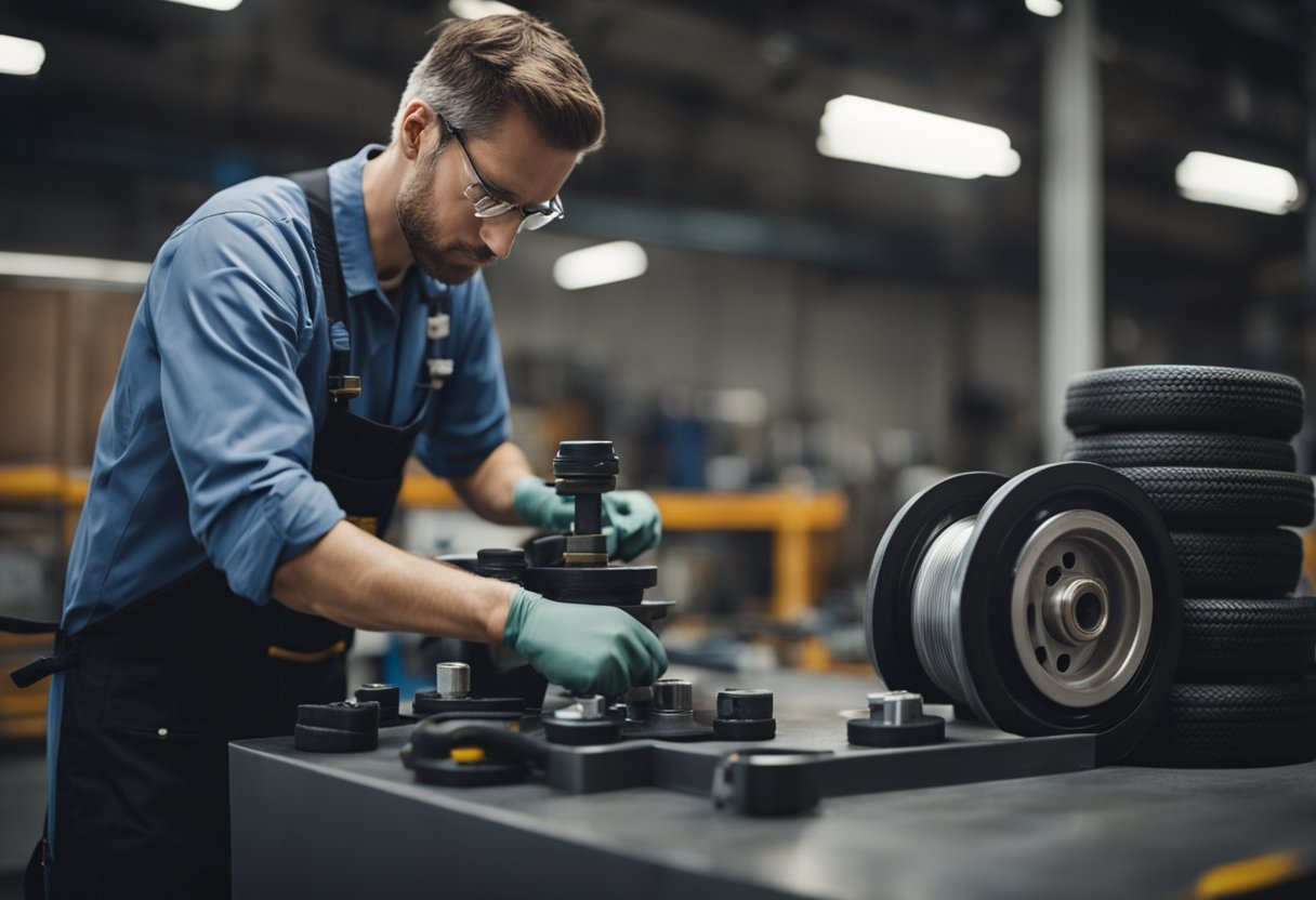 A technician carefully cleans and lubricates a set of caster wheels, using specialized tools and equipment in a well-lit workshop