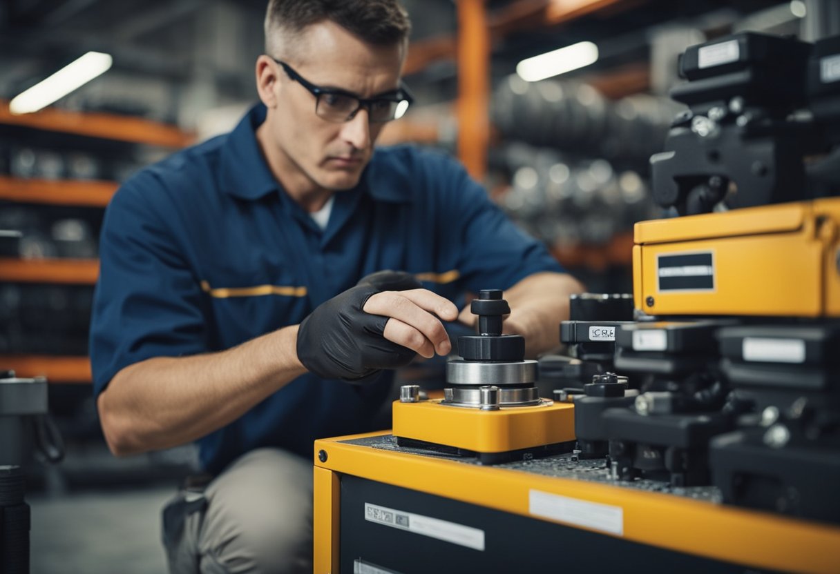 A technician carefully lubricates and inspects a set of heavy-duty casters, using specialized tools and following a detailed maintenance checklist