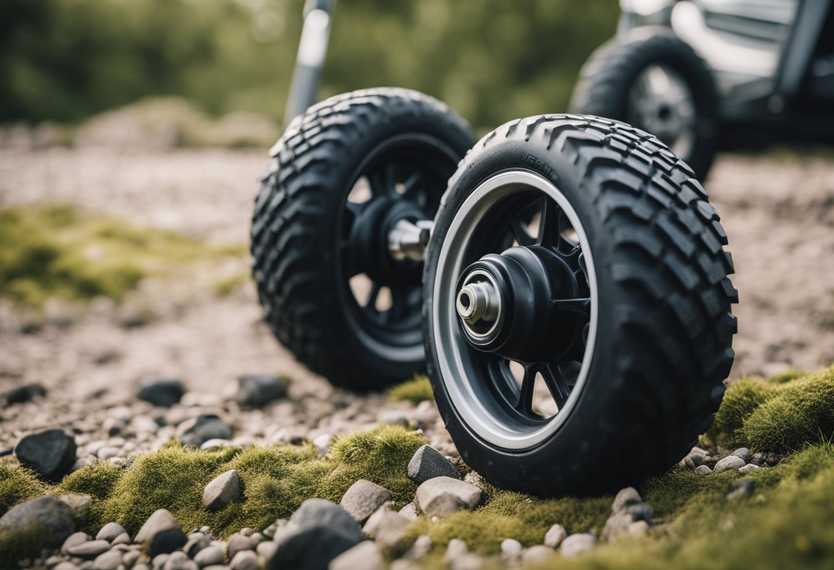 A rugged outdoor setting with various terrain such as grass, gravel, and uneven surfaces. Different types of caster wheels are shown being tested in these conditions