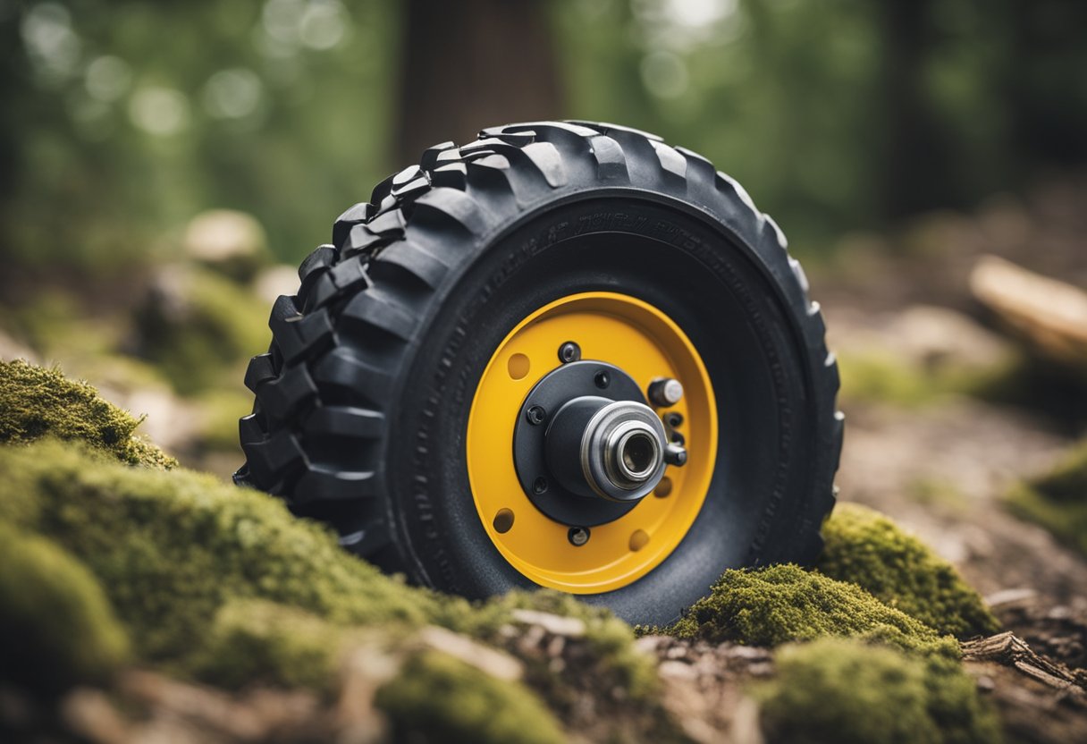 A sturdy caster wheel rolling smoothly over rugged outdoor terrain, with a focus on its durability and ability to withstand various environmental conditions