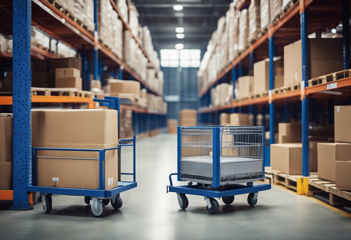 A sturdy industrial cart with high-quality casters effortlessly glides across the warehouse floor, while a flimsy cart with low-quality casters struggles to move and wobbles precariously