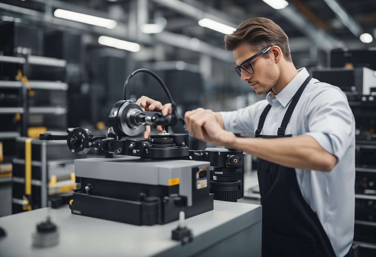 A technician testing and selecting different casters for equipment, while also performing maintenance to ensure optimal performance