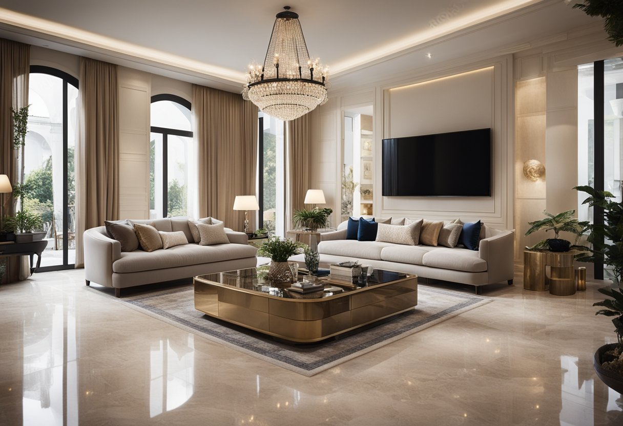 A luxurious living room with travertine floors, adorned with elegant furniture and soft, ambient lighting, creating a timeless and sophisticated interior