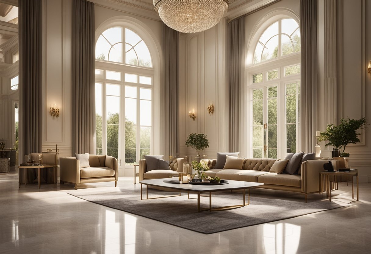 A grand living room with a polished travertine floor, bathed in warm sunlight streaming through large windows. A luxurious sofa and elegant decor complete the timeless interior