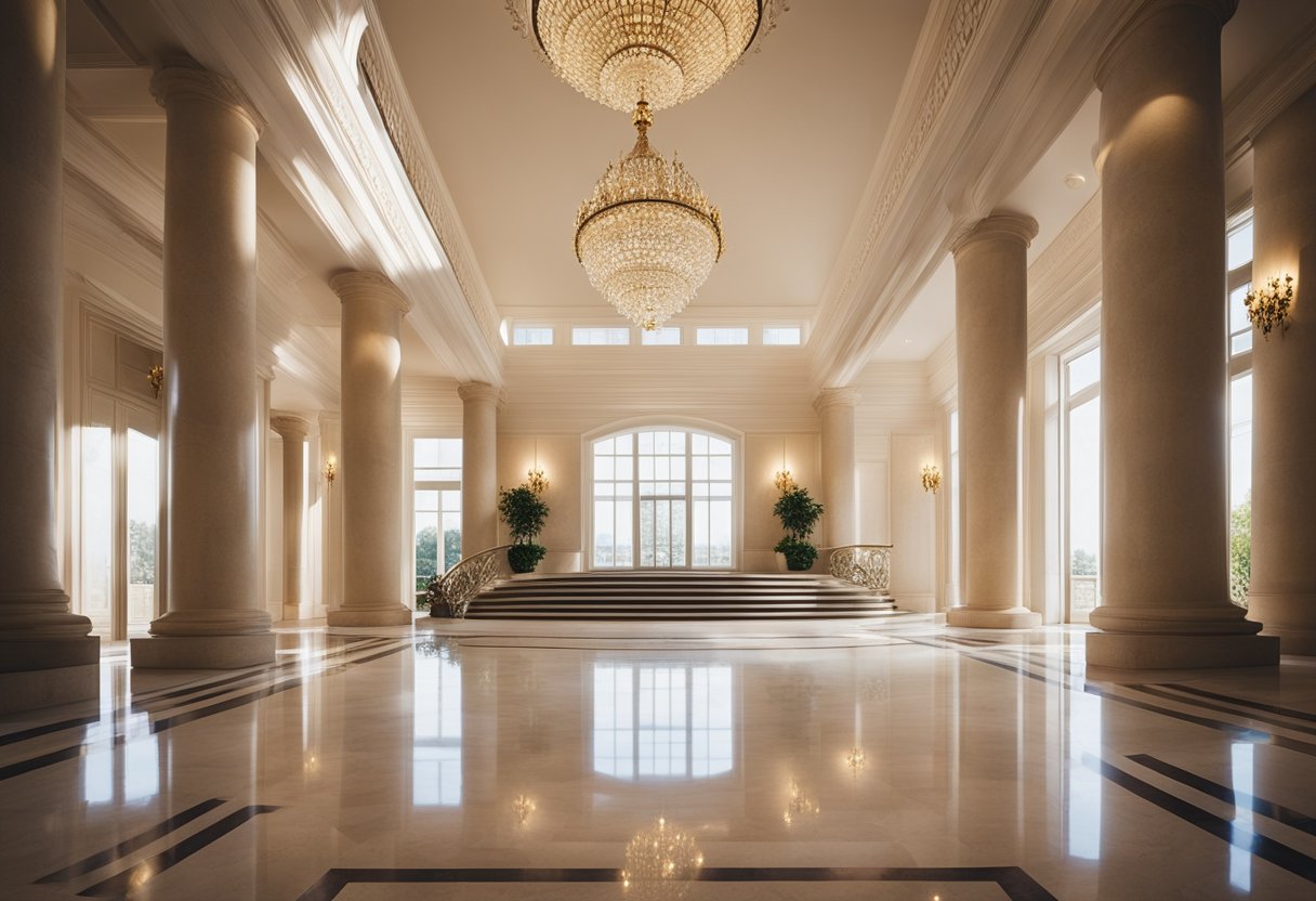 A grand, sunlit foyer with towering pillars and a sweeping staircase, adorned with gleaming travertine floors that exude timeless elegance and luxury