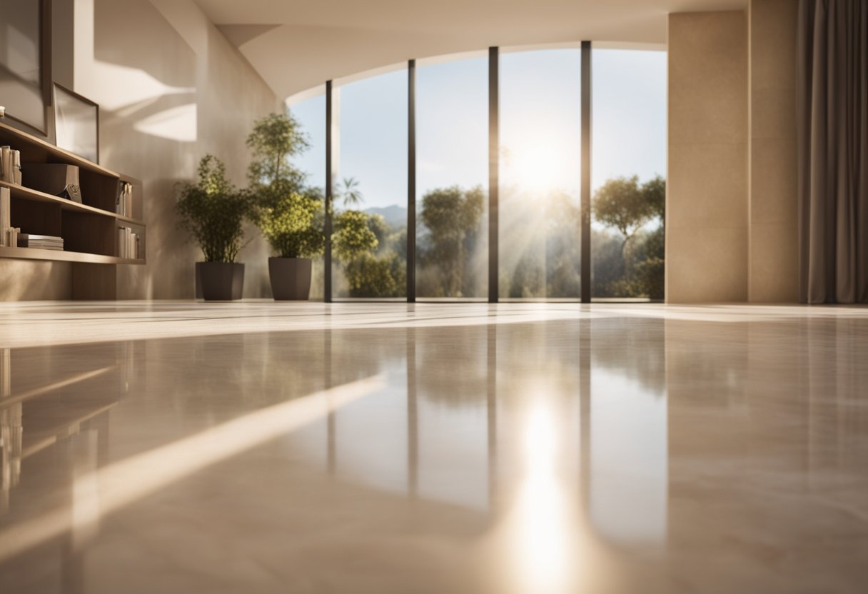 A grand travertine floor stretches across a sunlit room, its smooth, creamy surface reflecting the warm glow of the surrounding space
