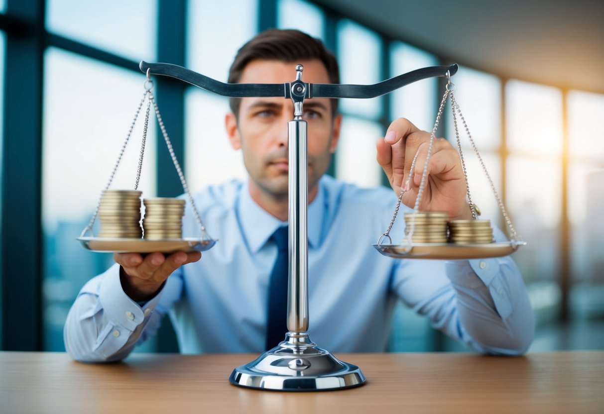 Should I Sell Shares or Assets in My Business: Making the Right Decision for Your Financial Future 1 A businessman weighing a scale with shares on one side and assets on the other, contemplating financial outcomes and tax implications