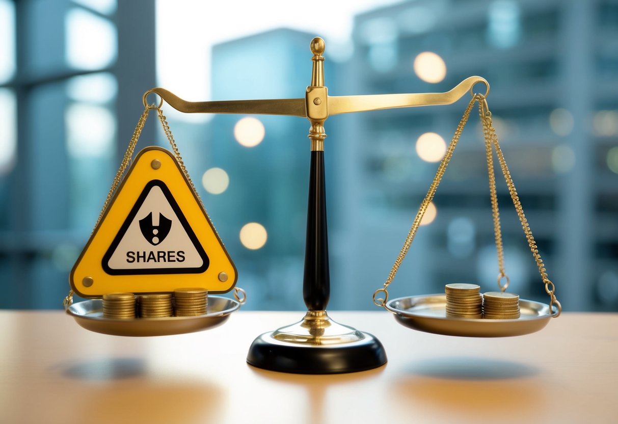 Should I Sell Shares or Assets in My Business: Making the Right Decision for Your Financial Future 3 A scale balancing shares and assets with a shield protecting one side and a hazard sign on the other