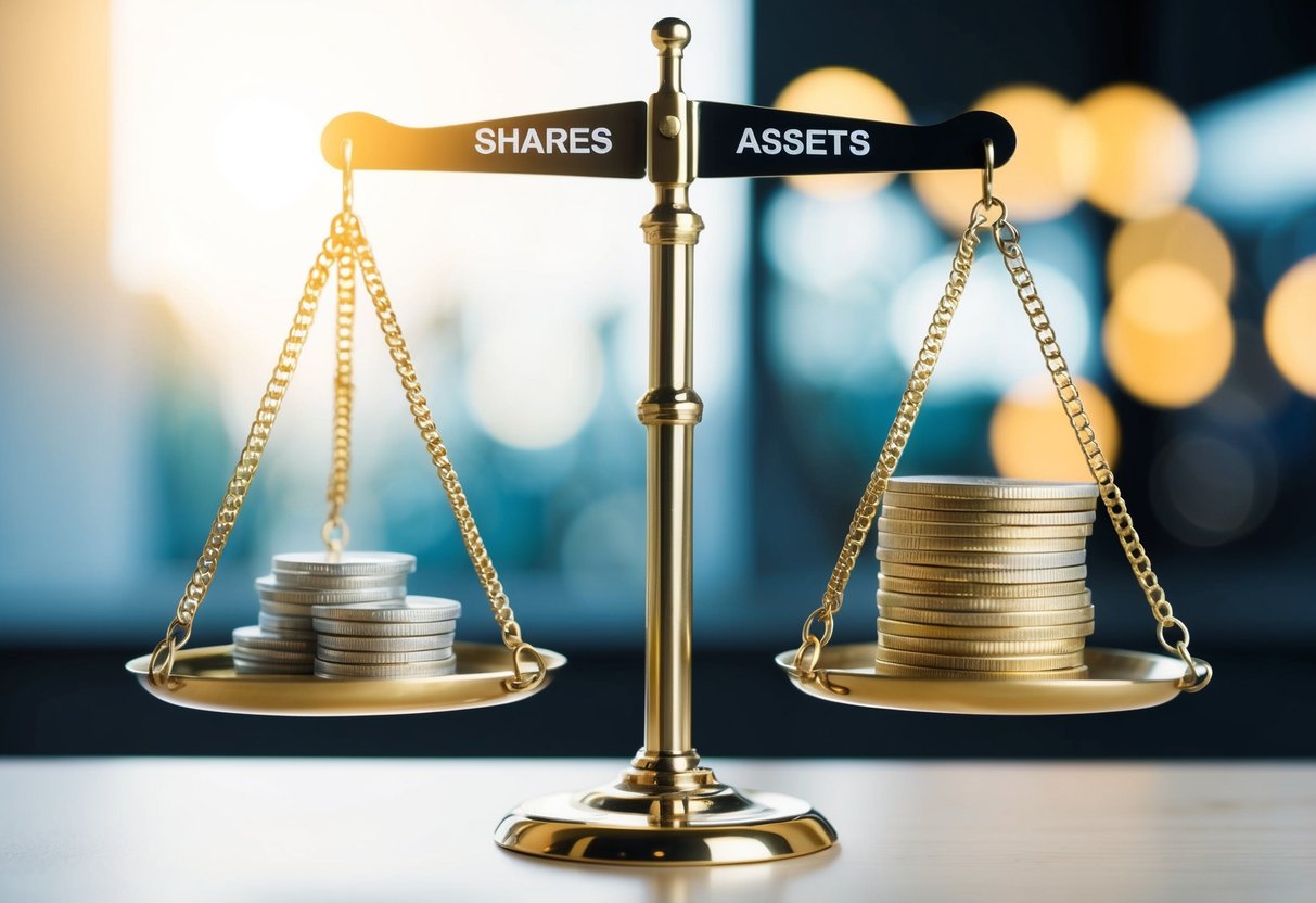 Should I Sell Shares or Assets in My Business: Making the Right Decision for Your Financial Future 4 A scale with one side labeled "Shares" and the other "Assets." A stack of coins represents the value of the business