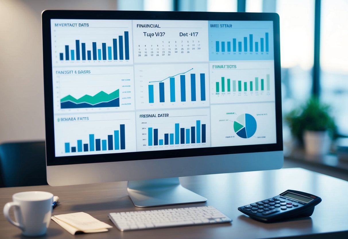 Best Time to Sell Your Company: Strategic Timing for Maximum Value in 2025 3 A group of financial charts and graphs displayed on a computer screen, with a calendar showing important dates and a calculator on a desk