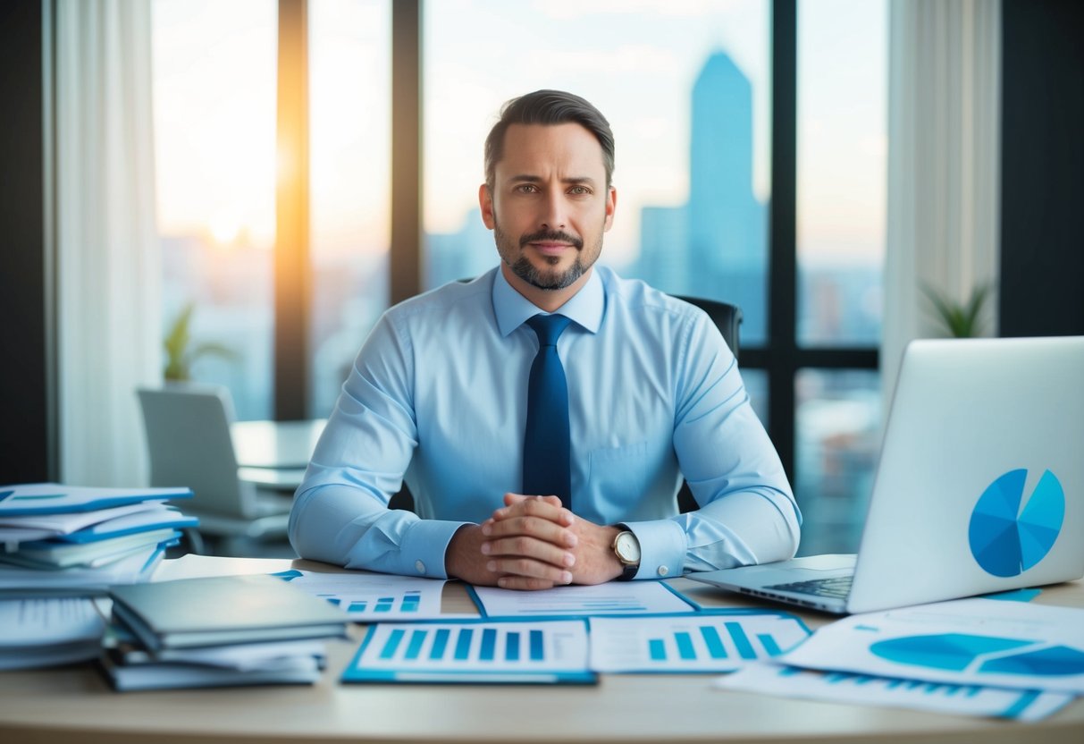 Best Time to Sell Your Company: Strategic Timing for Maximum Value in 2025 4 A business owner sitting at a desk, surrounded by financial documents and charts, contemplating the best time to sell their company