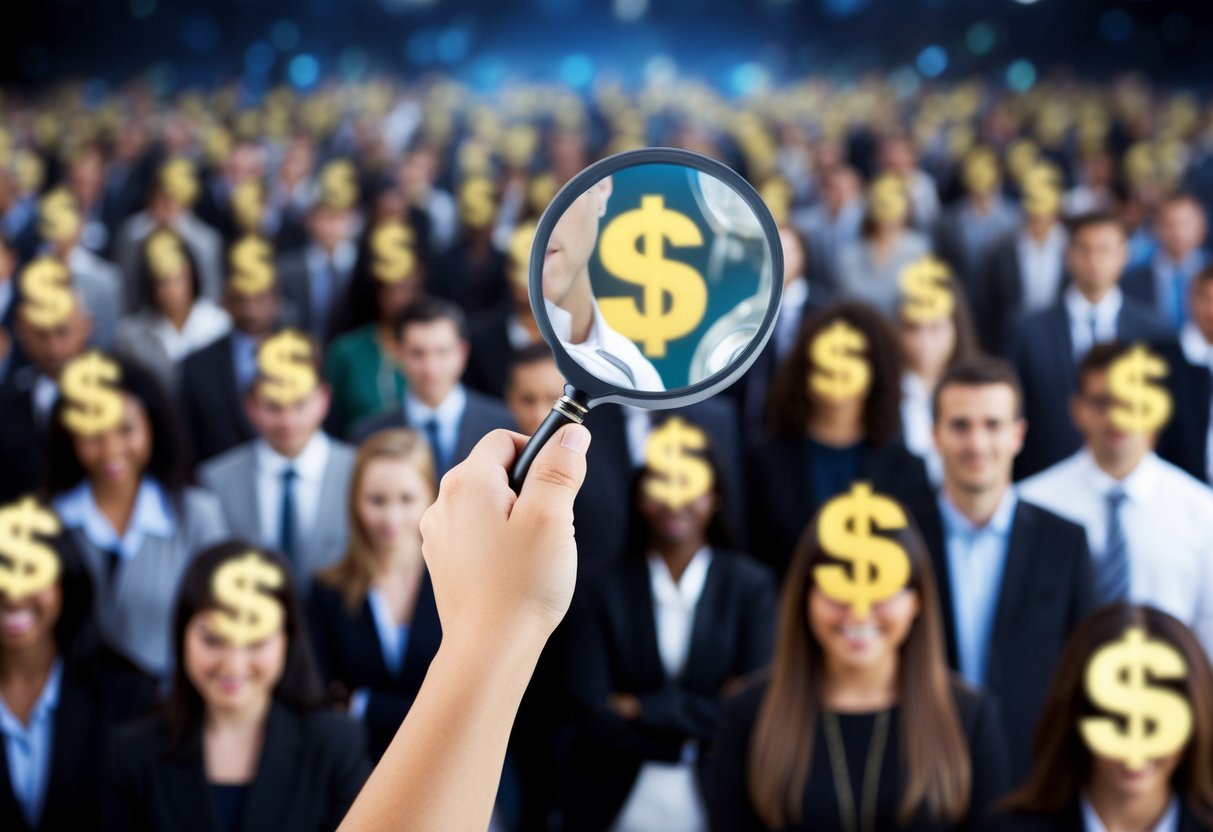 How to Find a Buyer for Your Business: A Strategic Guide for Selling Successfully 1 A person using a magnifying glass to search through a crowd of people, each with a dollar sign above their head