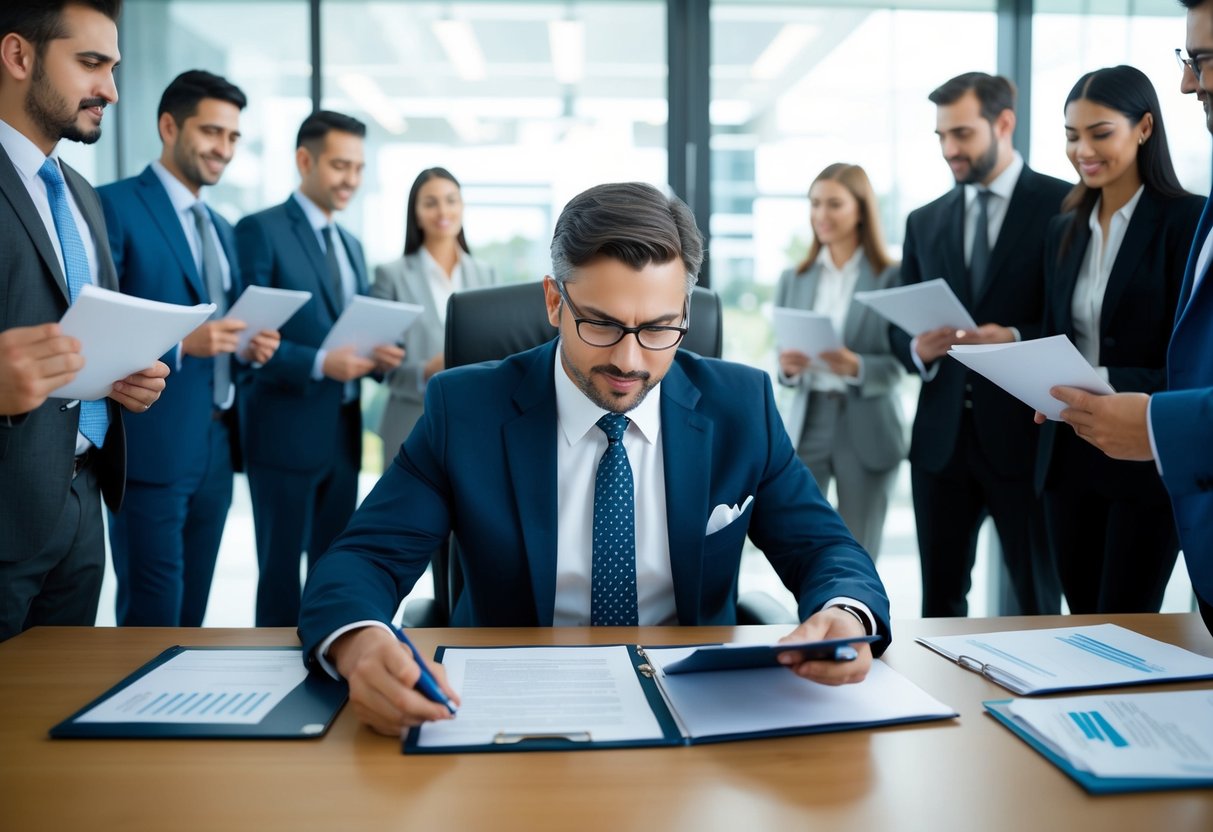 How to Find a Buyer for Your Business: A Strategic Guide for Selling Successfully 2 A business owner sits at a desk, reviewing confidential documents. A line of interested buyers wait outside the office, eager to discuss potential acquisitions