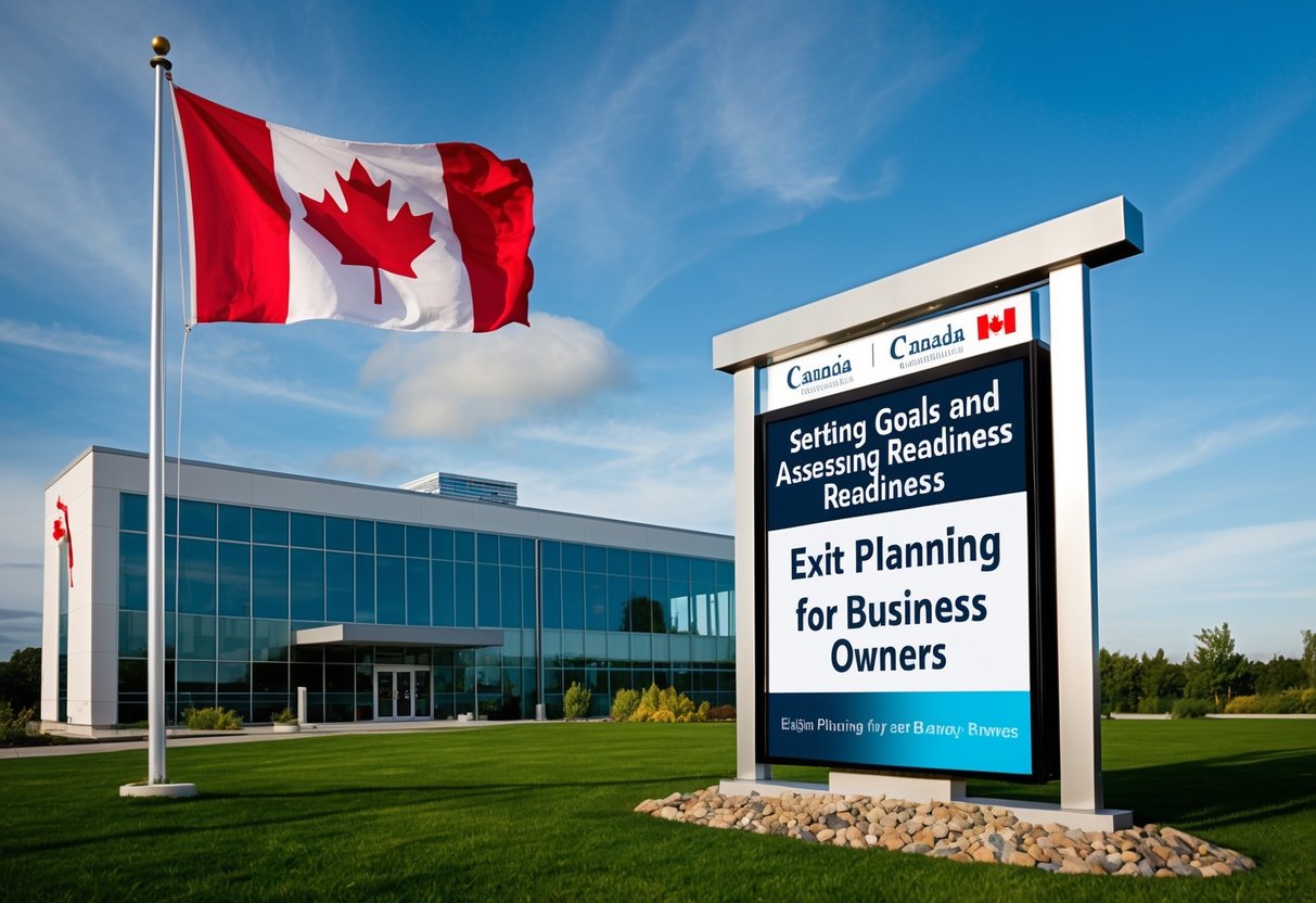 Exit Planning for Canadian Business Owners: Strategic Steps for a Successful Transition in 2025 2 A Canadian flag flies in front of a modern office building, with a sign reading "Setting Goals and Assessing Readiness - Exit Planning for Business Owners" displayed prominently