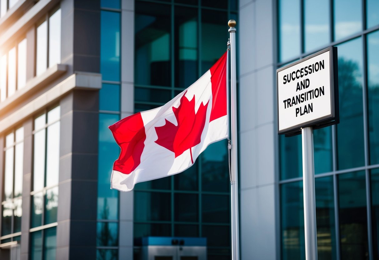 Exit Planning for Canadian Business Owners: Strategic Steps for a Successful Transition in 2025 4 A Canadian flag flying outside a modern office building with a "Succession and Transition Plan" sign displayed prominently