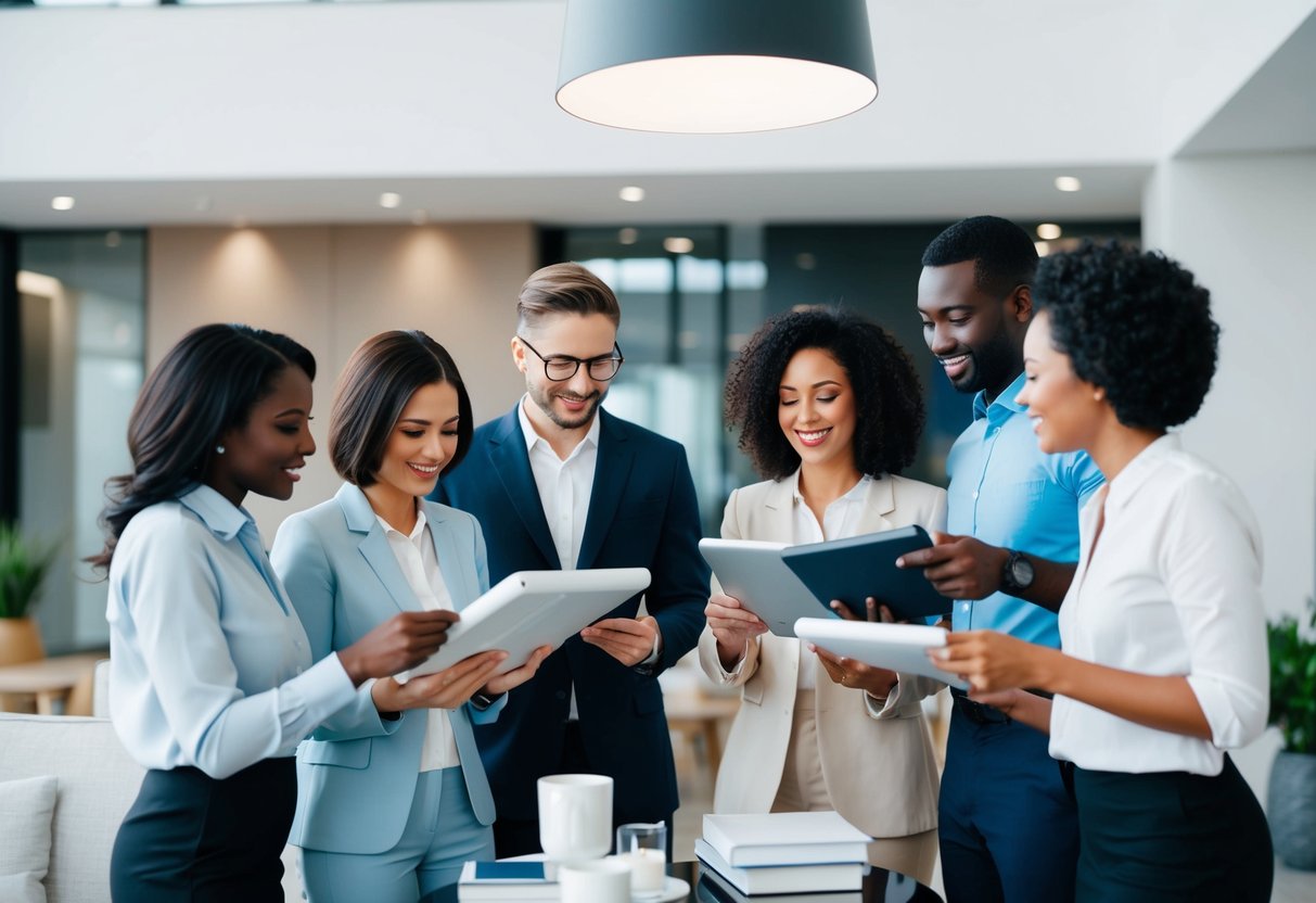 What Buyers Look for in a Business: Key Factors That Drive Acquisition Decisions 3 A group of diverse people examining products and services in a modern and inviting business setting, with emphasis on quality, value, and customer satisfaction