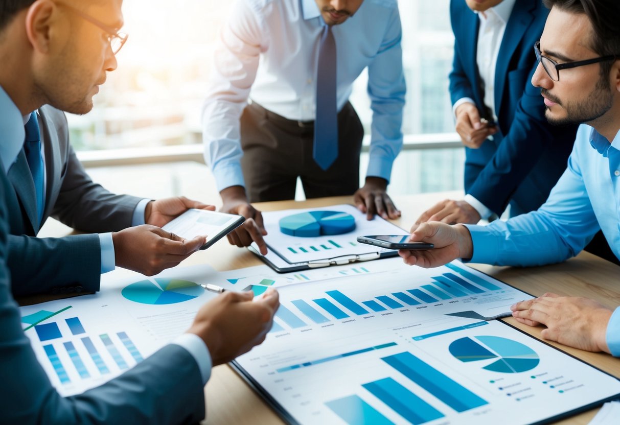 What Buyers Look for in a Business: Key Factors That Drive Acquisition Decisions 4 A group of buyers examining financial charts and graphs, discussing potential growth opportunities in a business