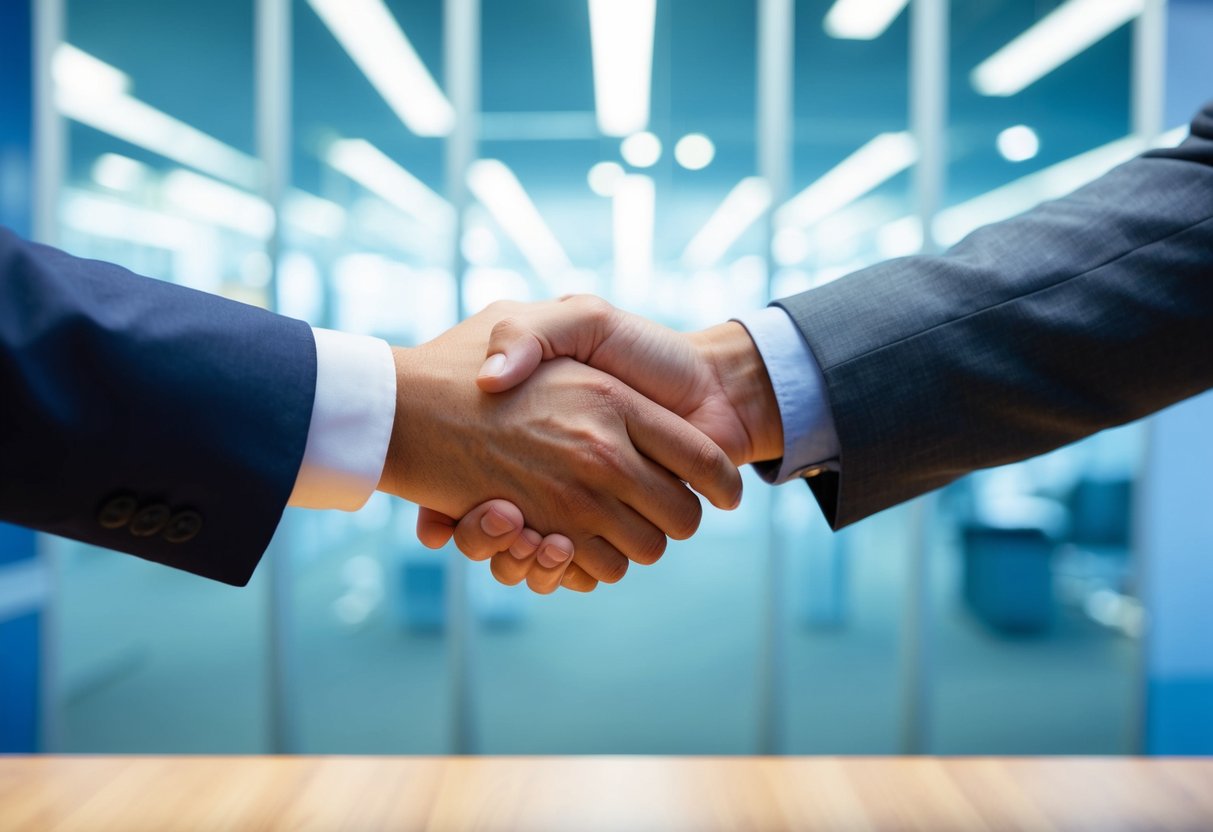 What Buyers Look for in a Business: Key Factors That Drive Acquisition Decisions 5 A handshake between a buyer and a seller, with a transparent glass wall in the background symbolizing trust and transparency in business