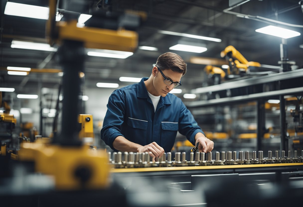 A technician inspecting a row of industrial hardware products under bright overhead lighting in a clean, organized workspace