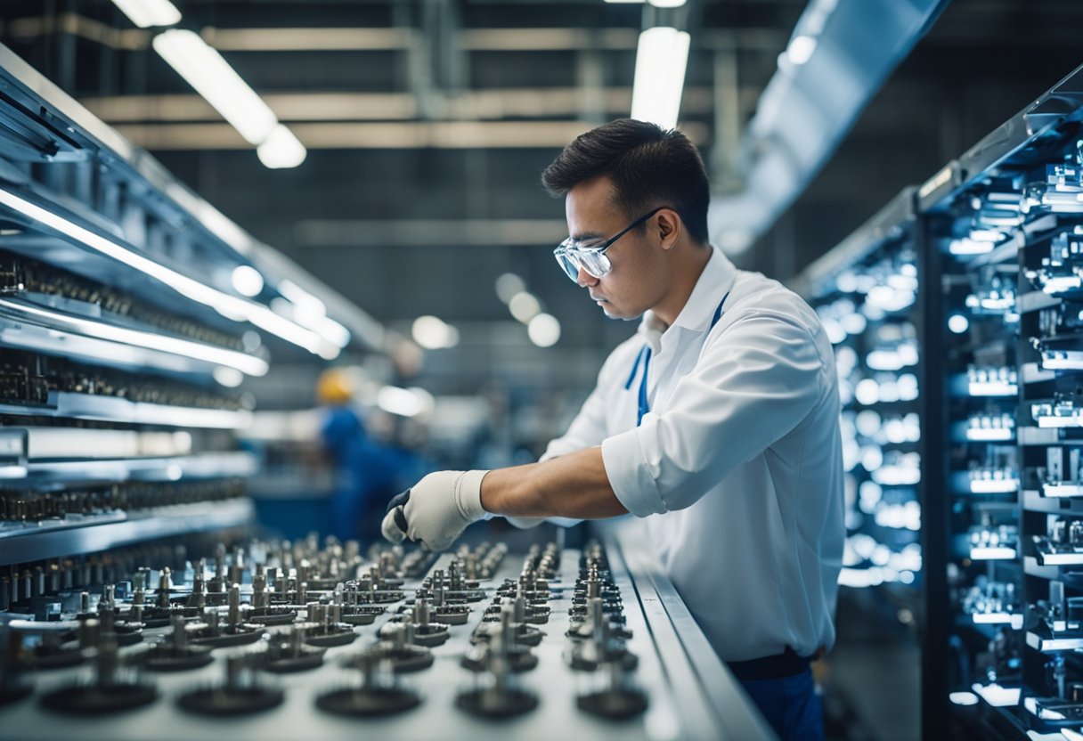 A technician carefully inspects a row of MRO hardware products under bright lighting, using precision tools and equipment