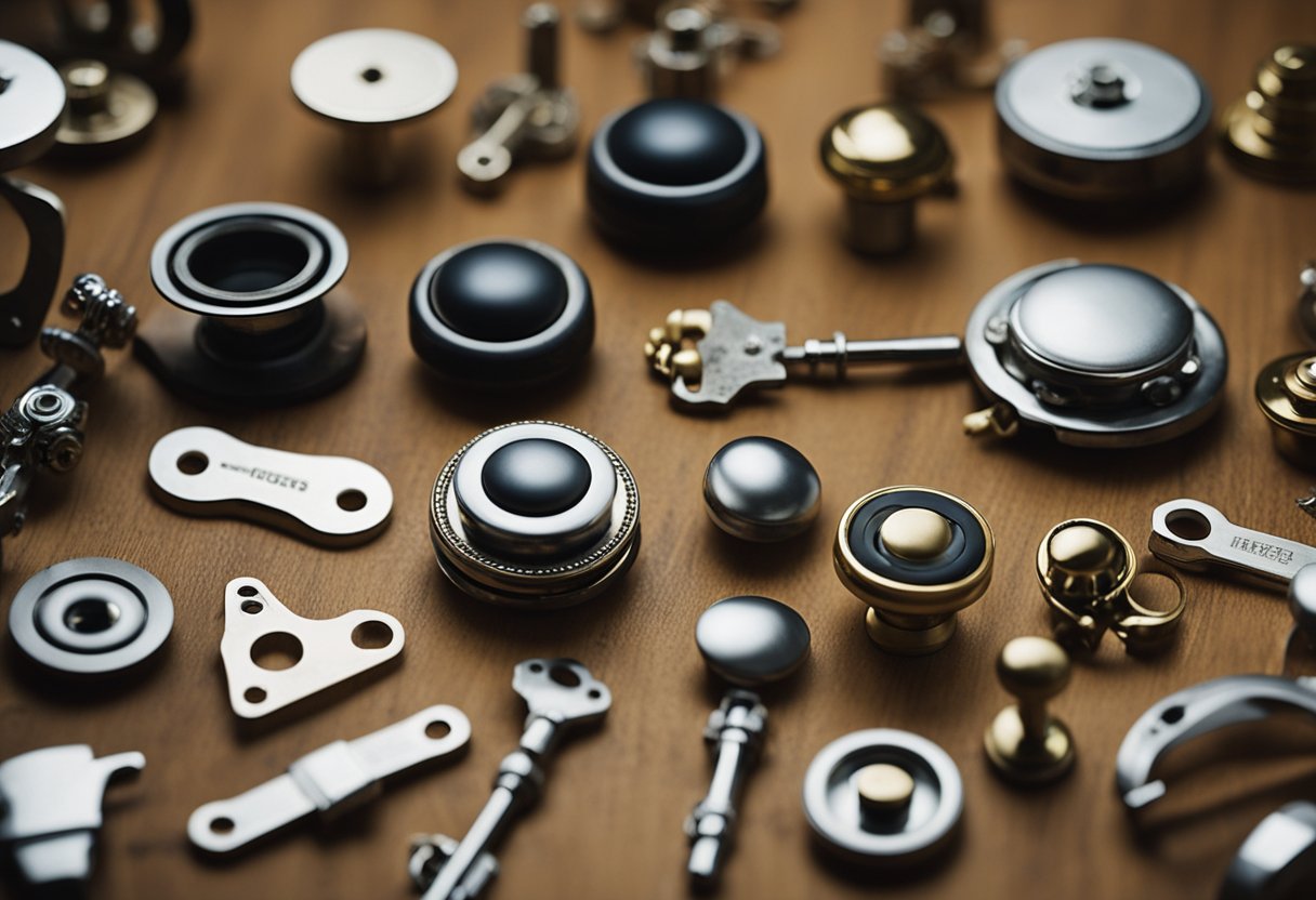 A variety of door hardware including knobs, handles, locks, hinges, and latches displayed on a wooden table