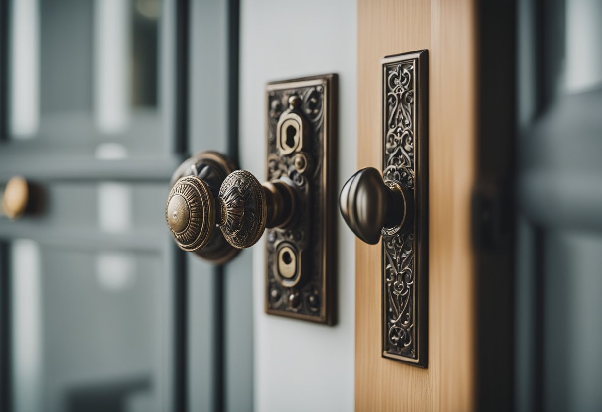A variety of door hardware including knobs, handles, hinges, locks, and latches displayed on a clean, organized surface