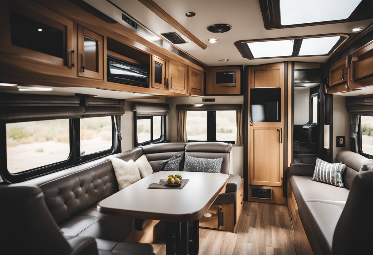 An RV interior with various handle and latch options displayed on a table for selection