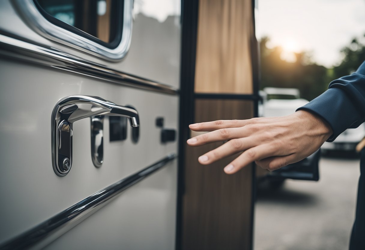 A hand reaching for a sleek, modern handle on the door of an RV, with various latches and handles displayed on a table nearby