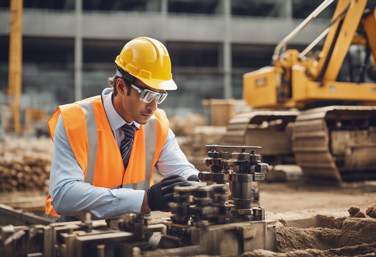 A worker wearing a hard hat, safety goggles, gloves, and a high-visibility vest while operating heavy machinery on a construction site