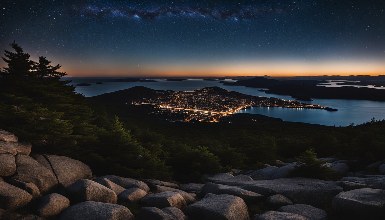 A clear night sky over Cadillac Mountain, with stars twinkling and the silhouette of the mountain in the foreground