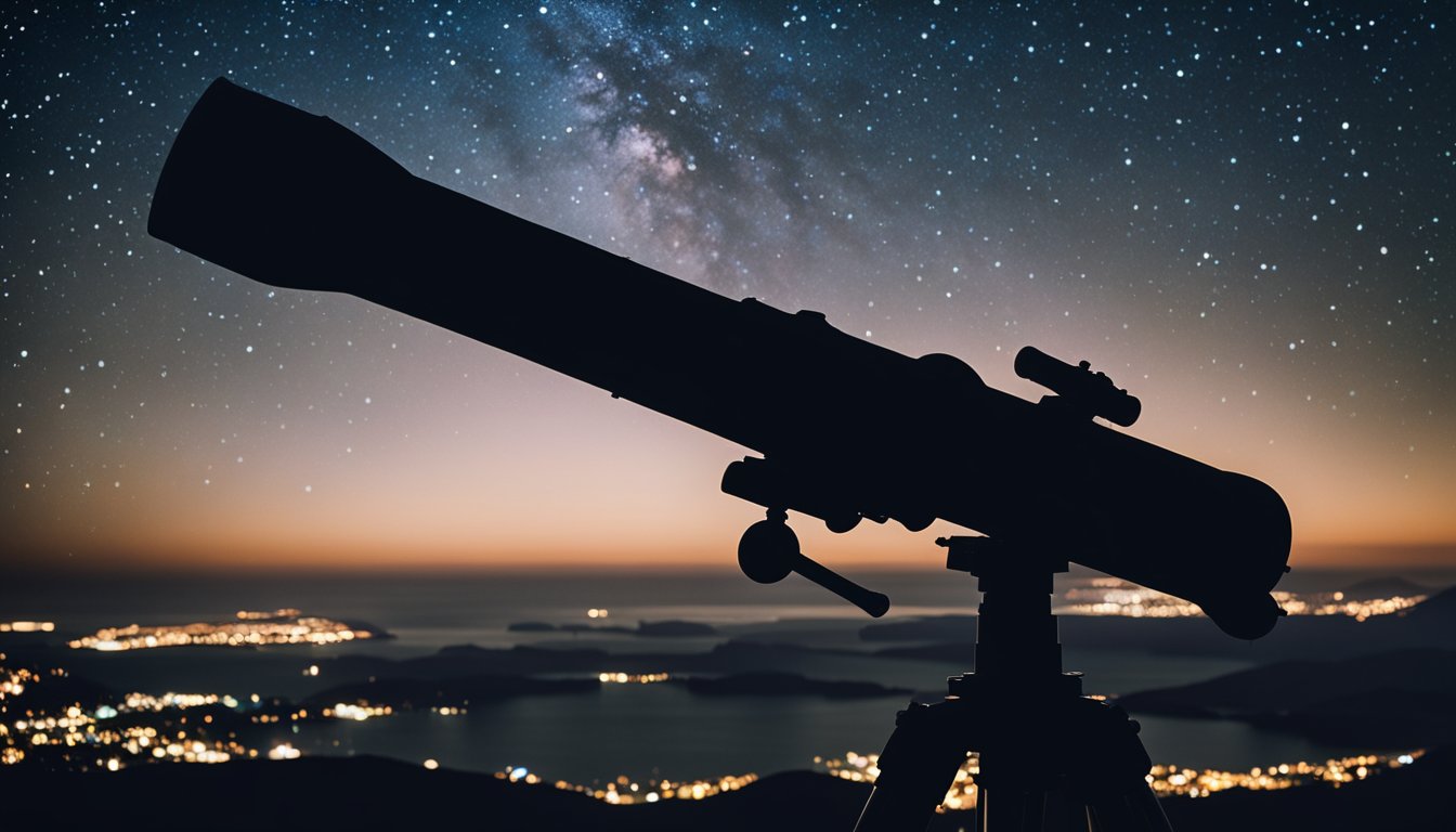The silhouette of Cadillac Mountain against a star-filled sky, with a telescope pointed upwards