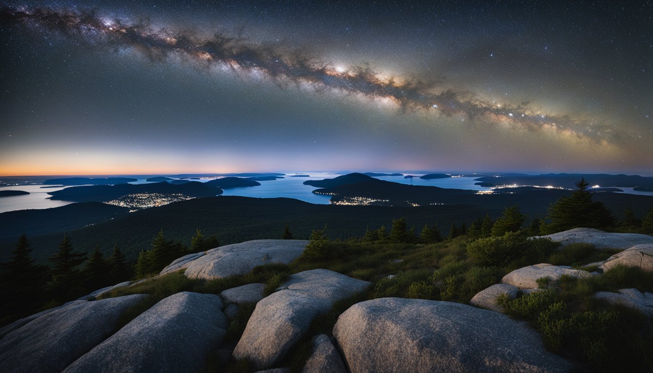 A clear night sky over Cadillac Mountain, with stars shining brightly and a faint glow of the Milky Way visible