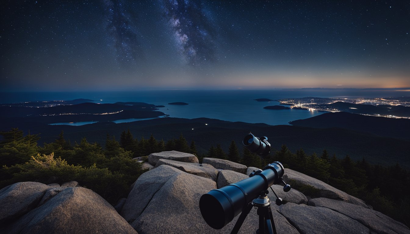A dark, clear night sky over Cadillac Mountain, with a telescope and star chart on a rocky overlook