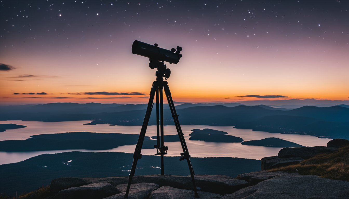 The silhouette of Cadillac Mountain against a star-filled sky, with telescopes and stargazers dotting the summit