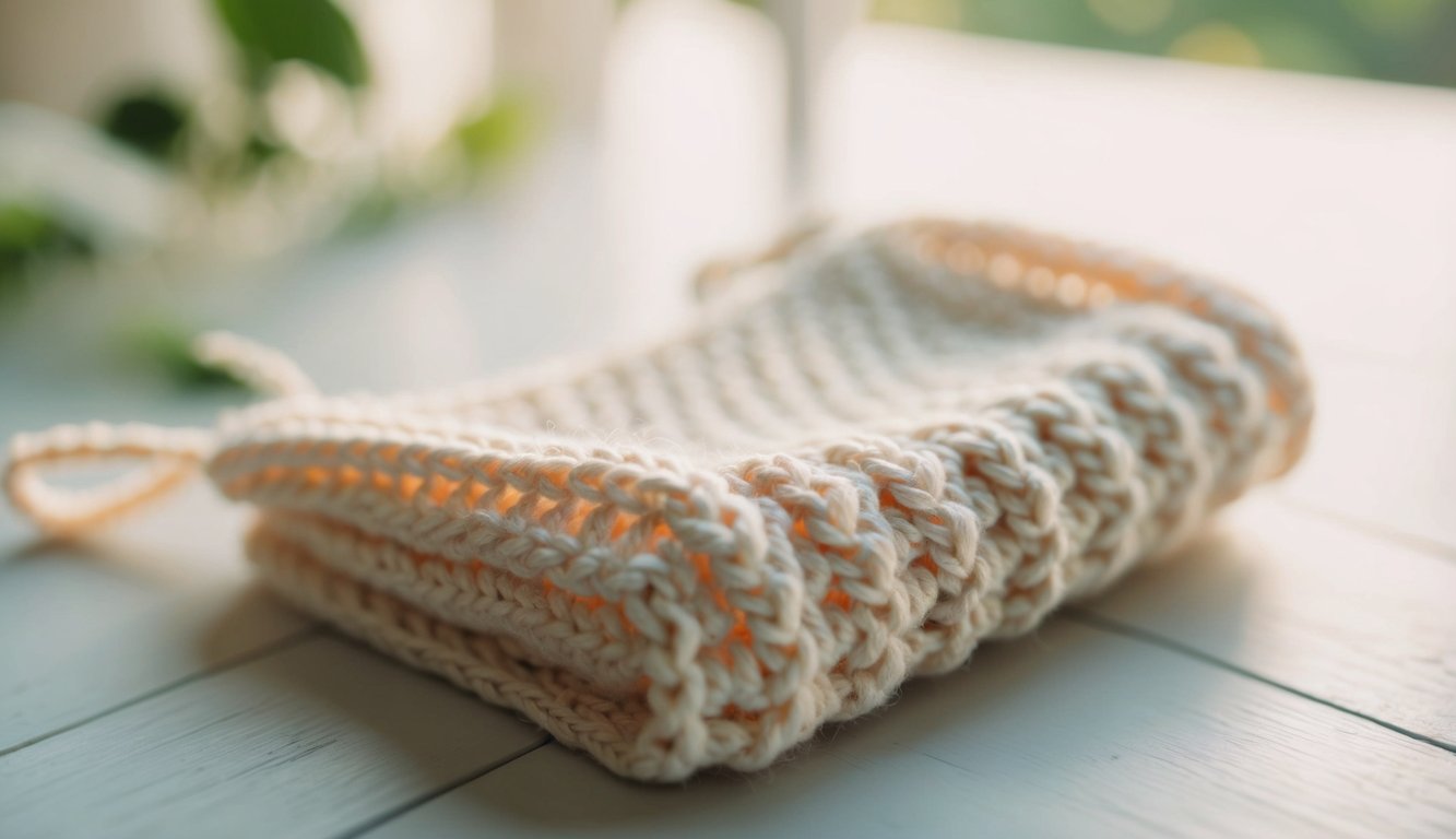 A cozy living room with a comfy armchair, a basket of colorful yarn, and a crochet hook laid out on a coffee table