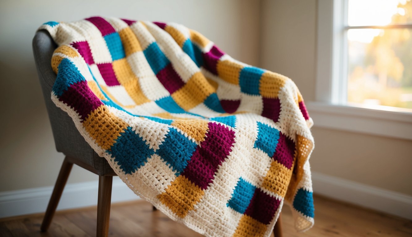 A table with yarn, crochet hooks, and a notebook. A hand-written crochet pattern with step-by-step instructions. A cup of tea and a cozy atmosphere